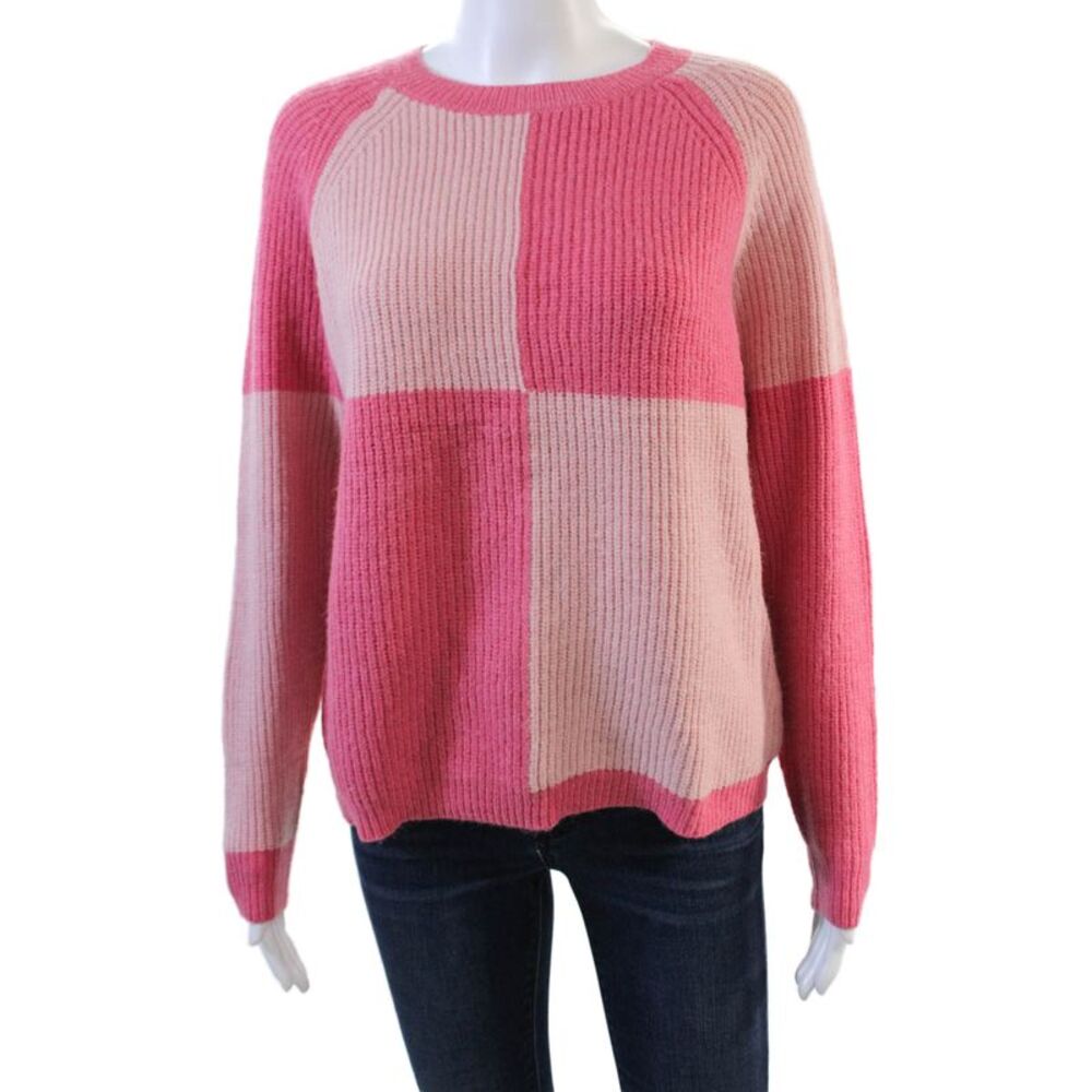 Pink Martini Womens Knit Checkered Round Neck Pullover Sweater Top Pink Size XS